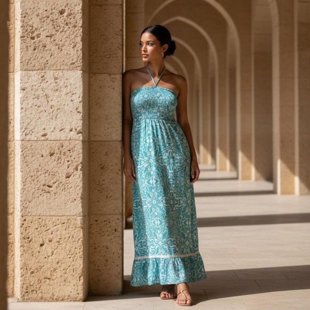 "Turquoise Floral Halter Maxi Dress Smocked Bodice Ruffle Hem Size M"